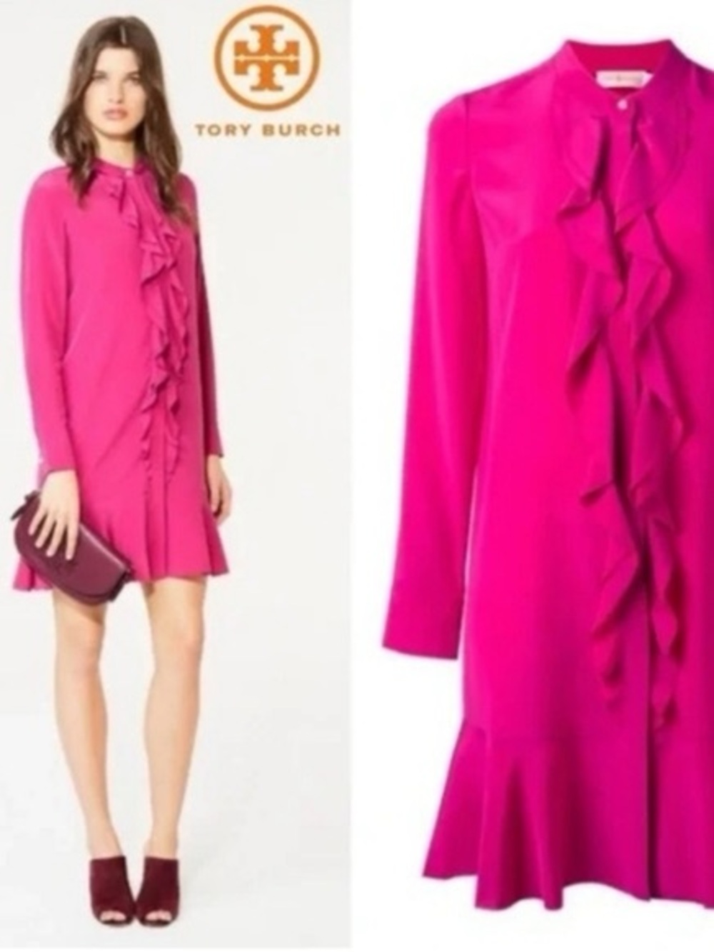 Tory Burch Fuchsia Ruffle-Front Long-Sleeve Dress